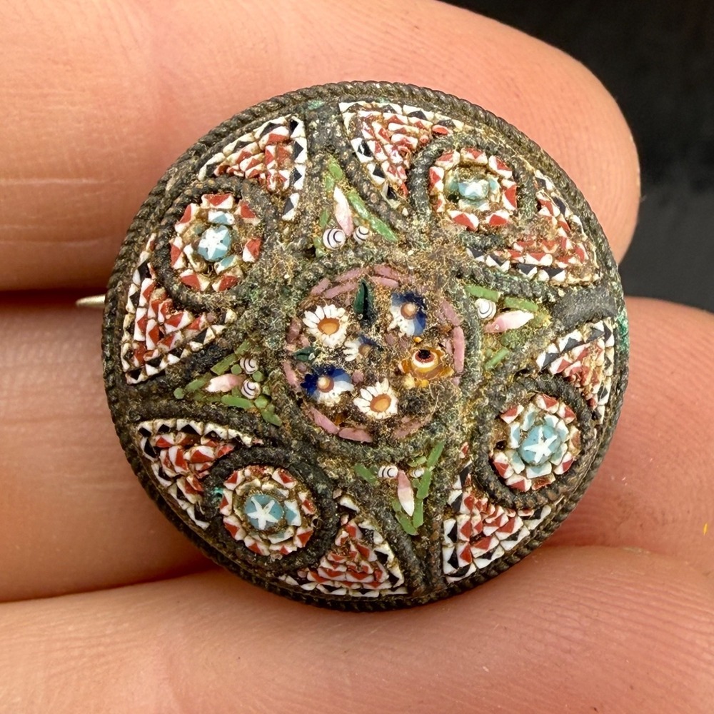 Vintage Estate Micro Mosaic Brooch Multicolor Round Floral Glass Tessere